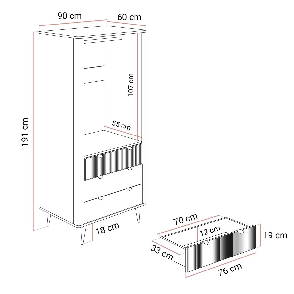Dwudrzwiowa szafa AUTUMN 2D3S z szufladami, kaszmir / orzech