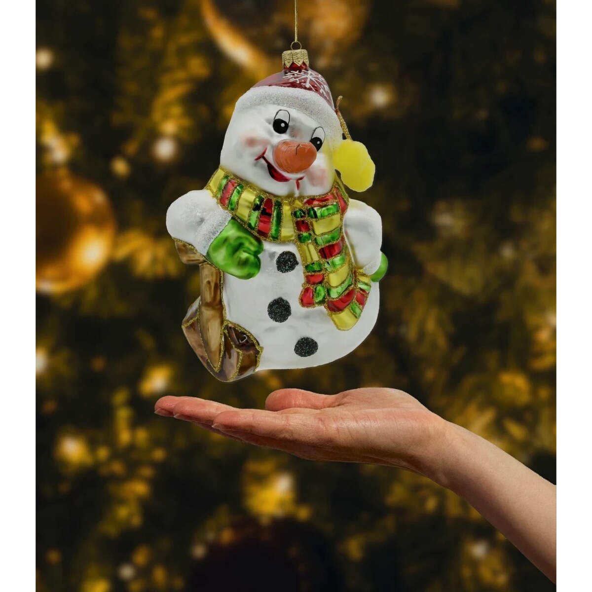 Bombka choinkowa: Duży wesoły bałwanek z szalikiem i pomponami