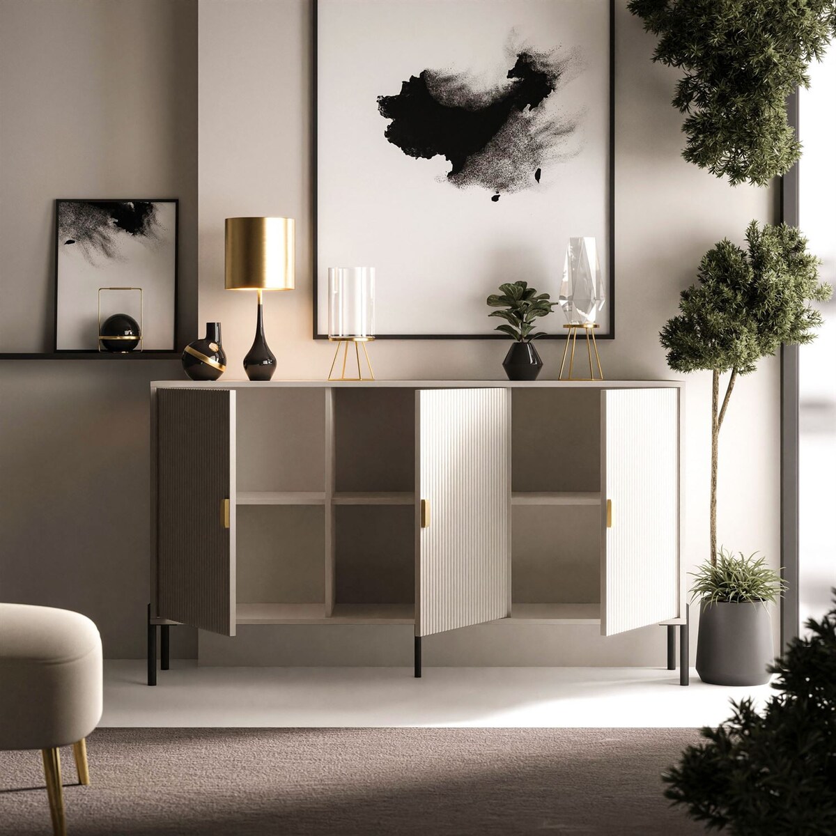 Komoda trzydrzwiowa DALIA 3D, kaszmir, nóżki czarne