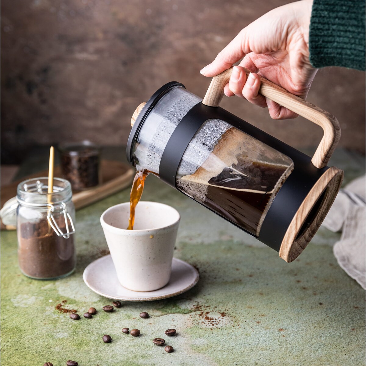 Zaparzacz do kawy herbaty 1.0L French Press drewniany uchwyt KLAUSBERG