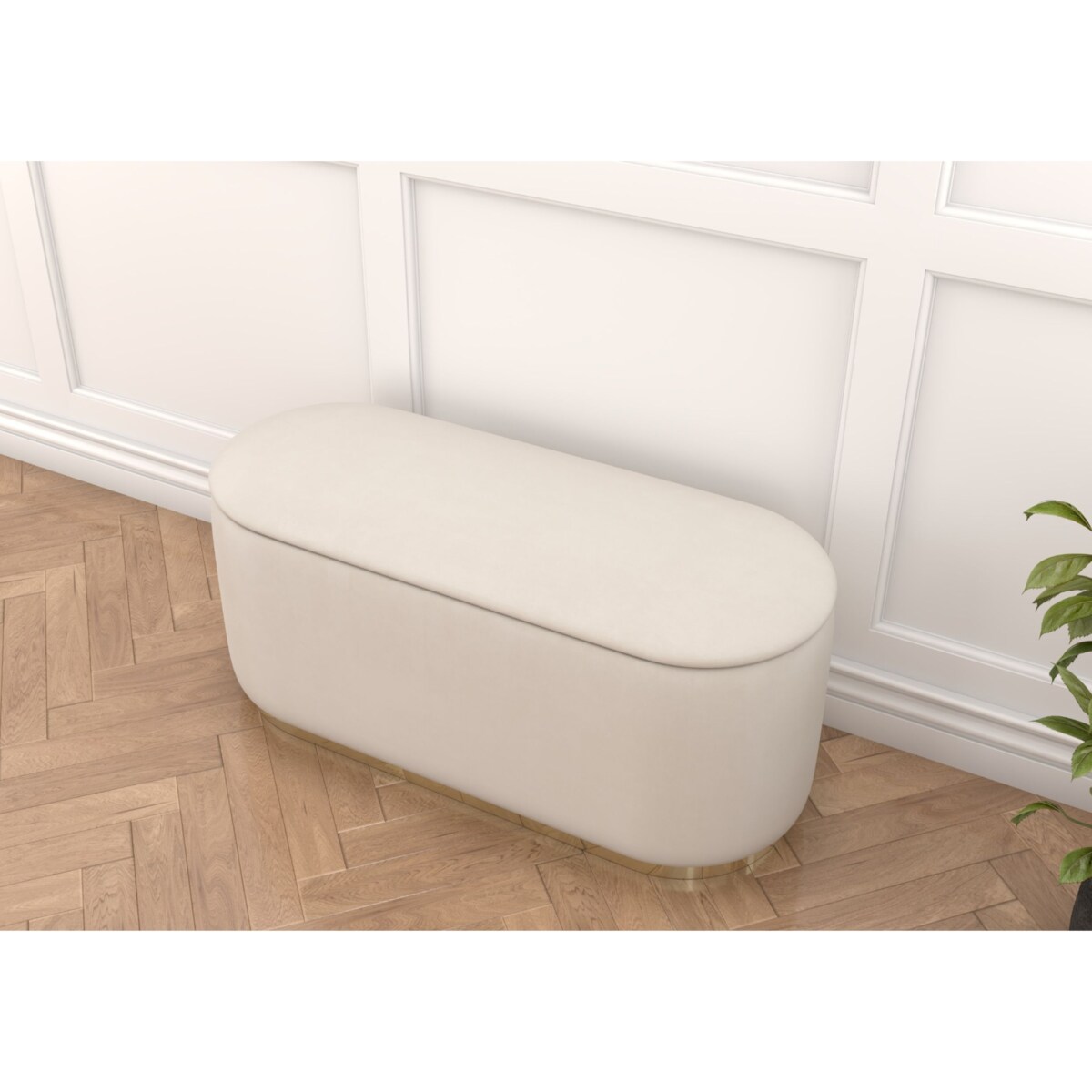 Tapicerowany owalny puf ze schowkiem Dancan SCARLETT na złotej podstawie / szer. 110 cm / beżowy