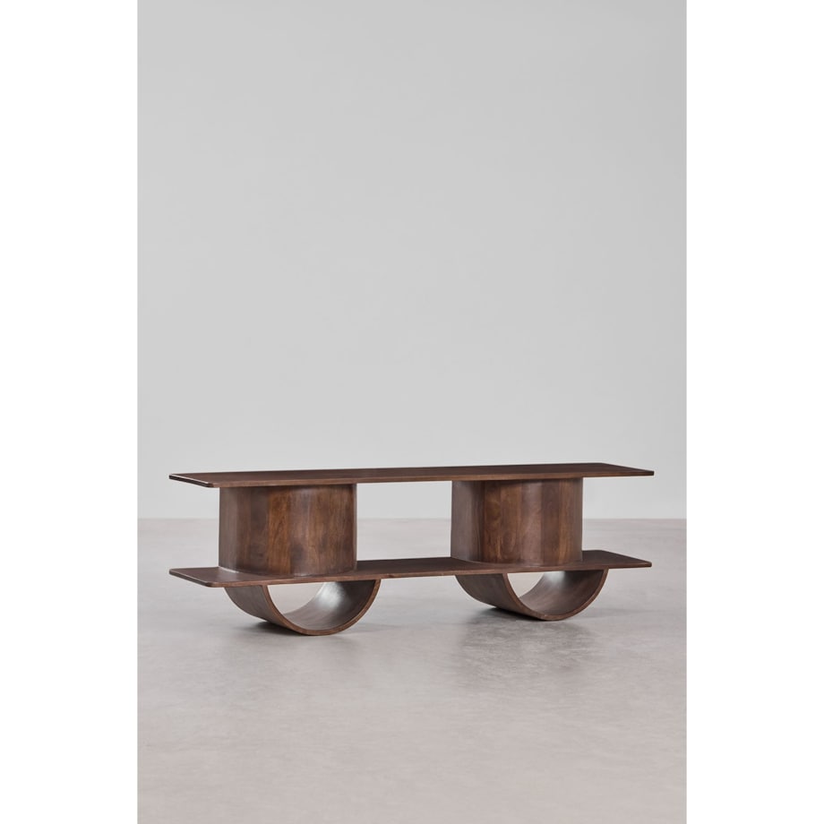 Szafka RTV z drewna akacjowego 150x35 cm Flin, ciemnobrązowa