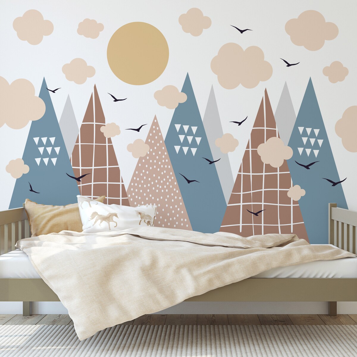 NAKLEJKI NA ŚCIANĘ DLA DZIECI NIEBIESKIE GÓRY STYL SKANDYNAWSKI ZESTAW