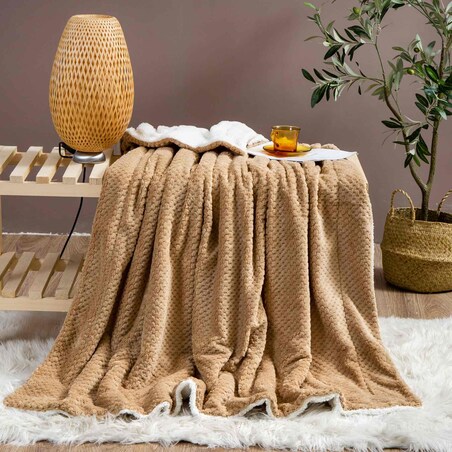 Beżowy Koc Narzuta z Mikrofibry Baranek 150x200 Sherpa