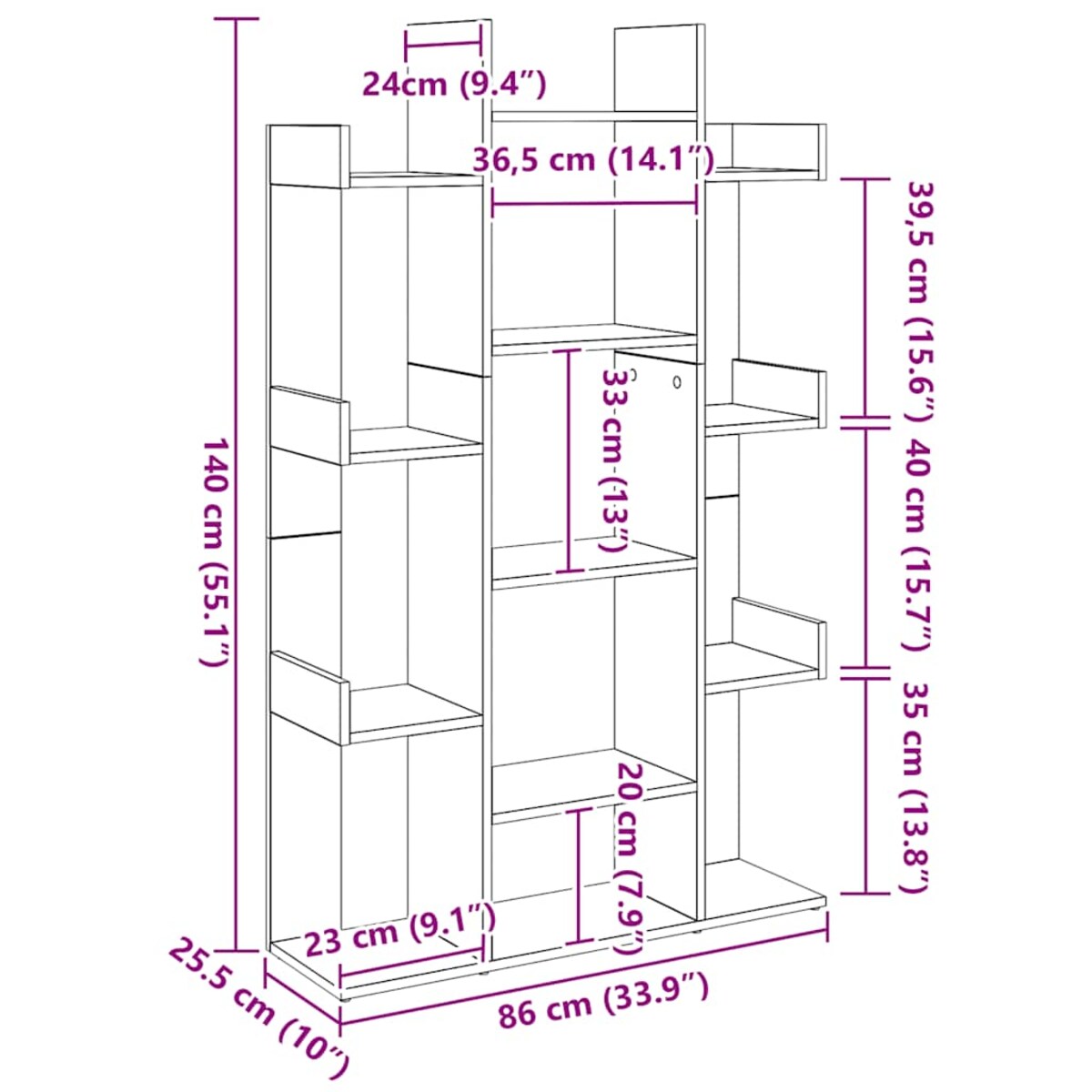 vidaXL Regał na książki, dąb artisan, 86x25,5x140 cm