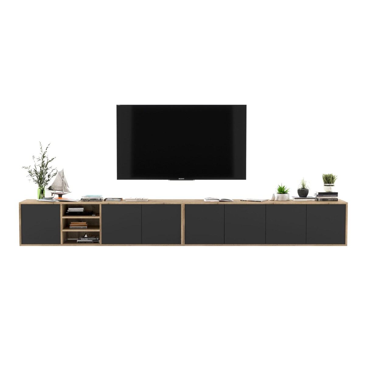 Wisząca szafka RTV Loft Industrialna Dąb Wotan Czarny MAT 300 cm