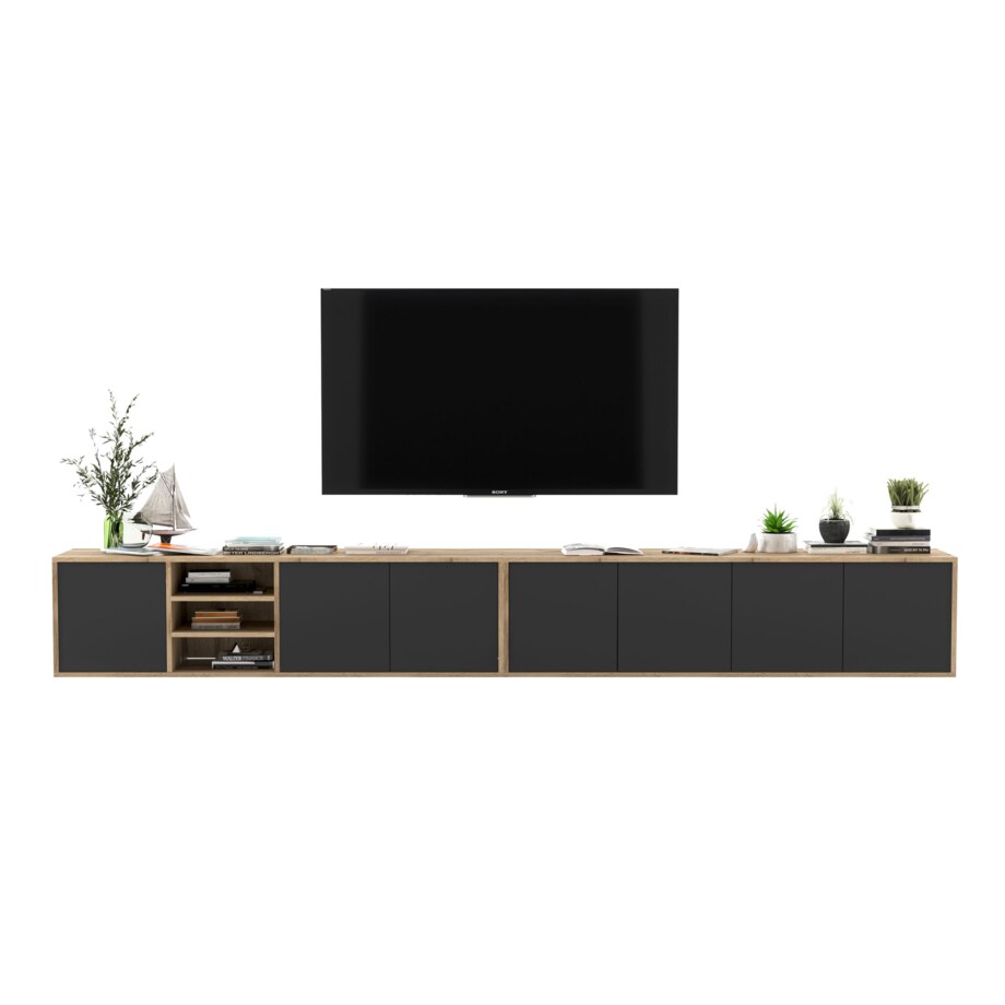 Wisząca szafka RTV Loft Industrialna Dąb Wotan Czarny MAT 300 cm