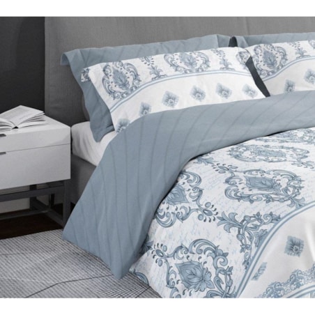 Pościel Satynowa 160x200 Pure Satin Mozaika Rozeta Niebieska Popiel