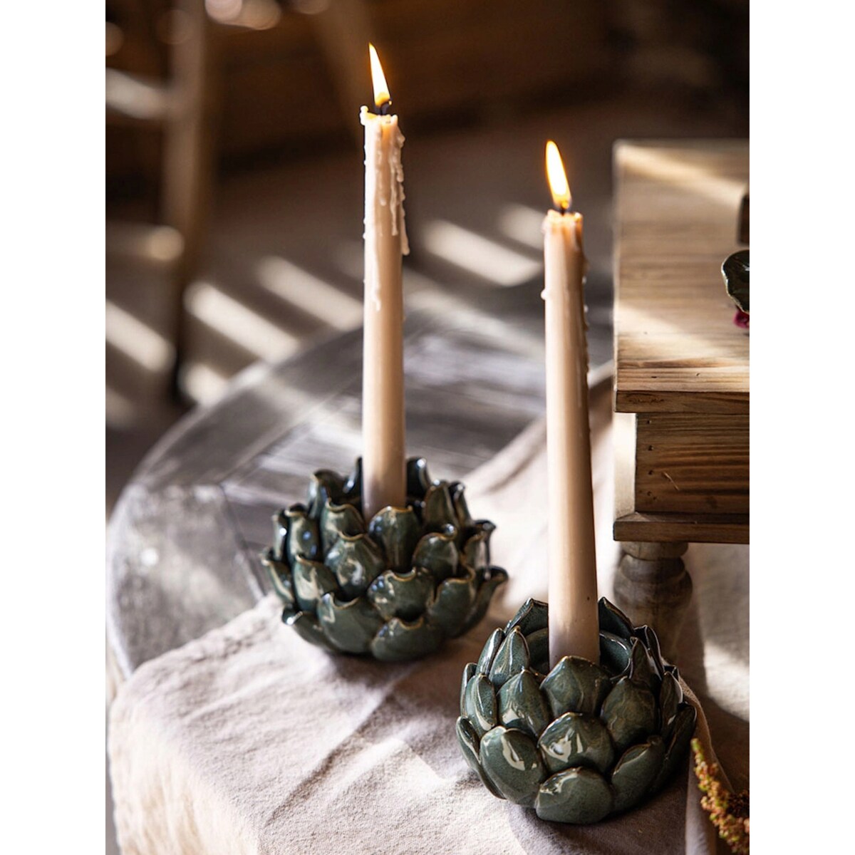 ŚWIECZNIK KANDELABR BOHO RETRO LOFT ZIELONY CERAMICZNY NA 1 ŚWIECĘ OZDOBA