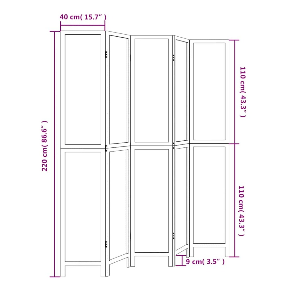 vidaXL Parawan pokojowy, 5-panelowy, biały, lite drewno paulowni