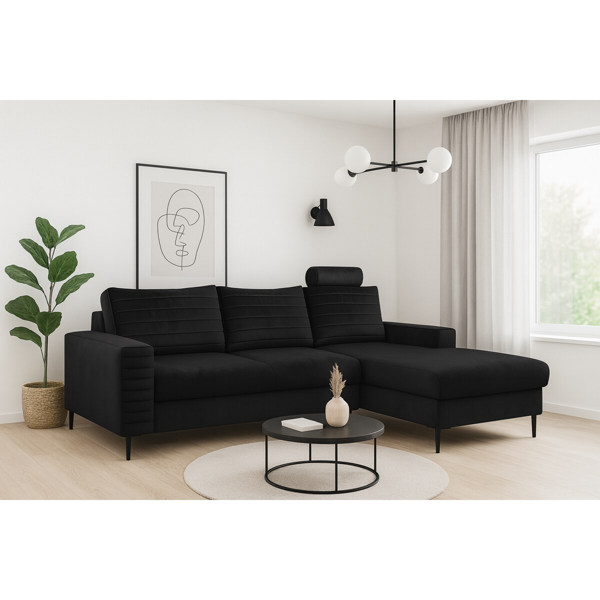 Narożnik rozkładany z zagłówkiem i pojemnikiem OLI, prawostronny, czarny