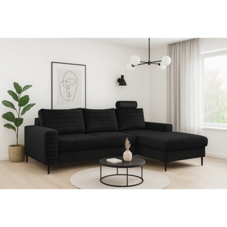 Narożnik rozkładany z zagłówkiem i pojemnikiem OLI, prawostronny, czarny