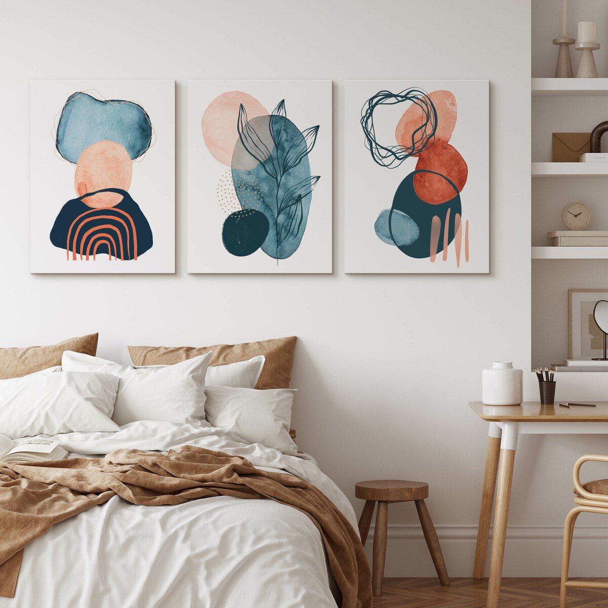 OBRAZY DO SALONU SET AKWARELE ABSTRAKCYJNE KSZTAŁTY LIŚCIE BOHO 90x40cm