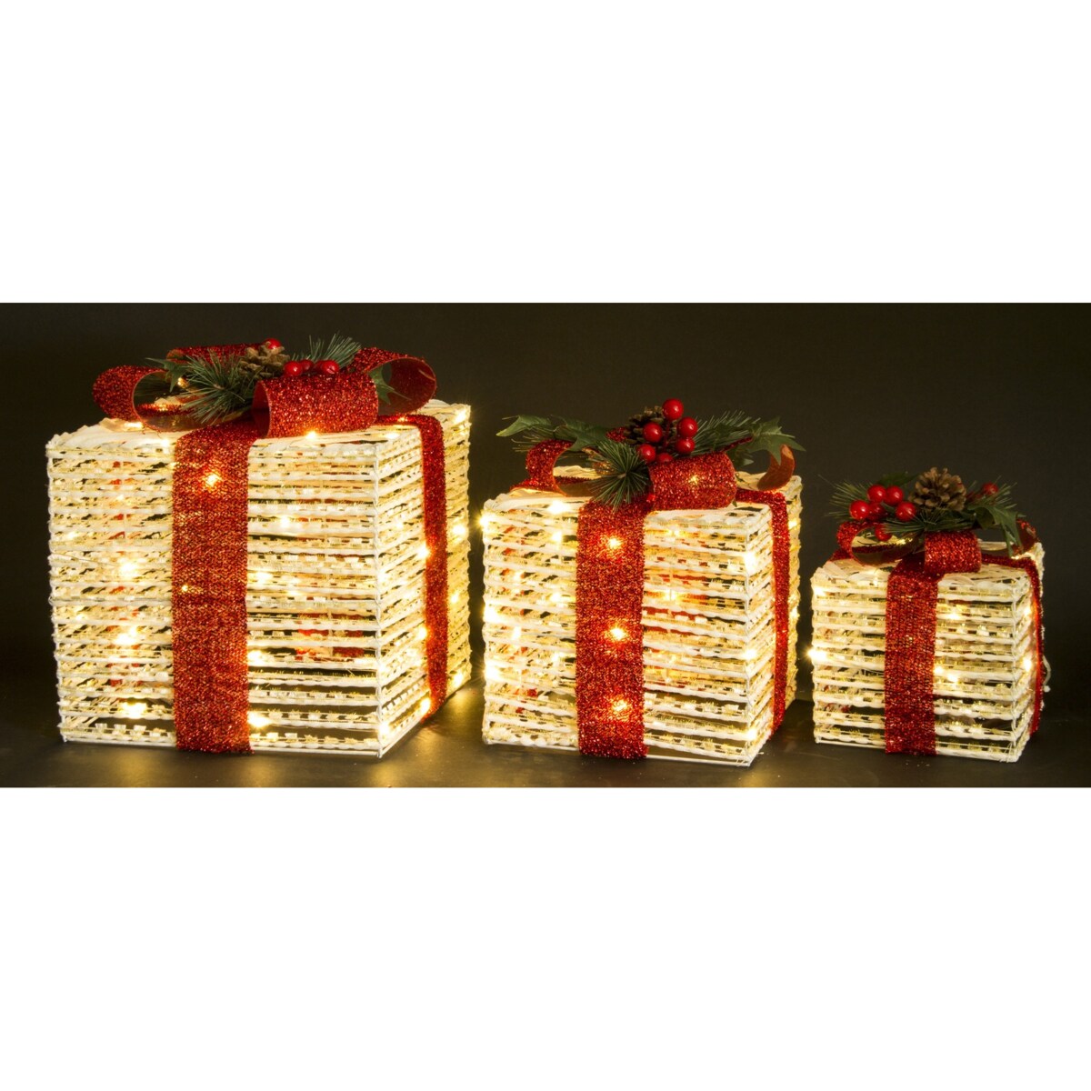 Dekoracja pudełka 3 szt. świecące LED 29x25x25 i 25x20x20 i 20x15x15 cm GEMARA biała z czerwoną kokardą