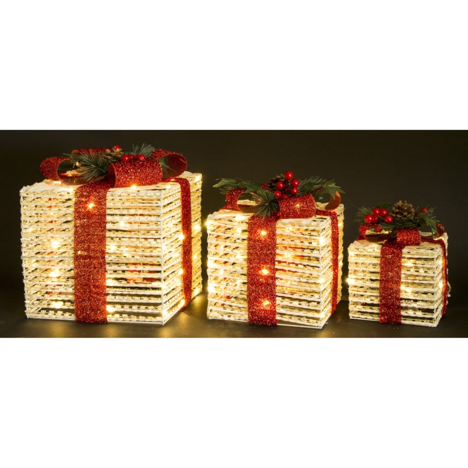 Dekoracja pudełka 3 szt. świecące LED 29x25x25 i 25x20x20 i 20x15x15 cm GEMARA biała z czerwoną kokardą