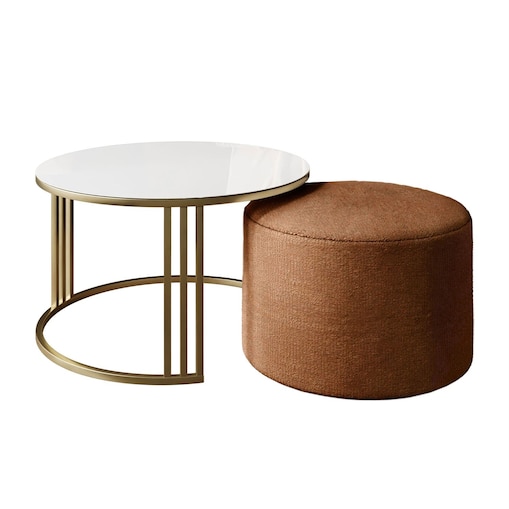 Stolik kawowy z pufą LORI GLASS złoto szczotkowane, białe szkło / Perfect Harmony 52