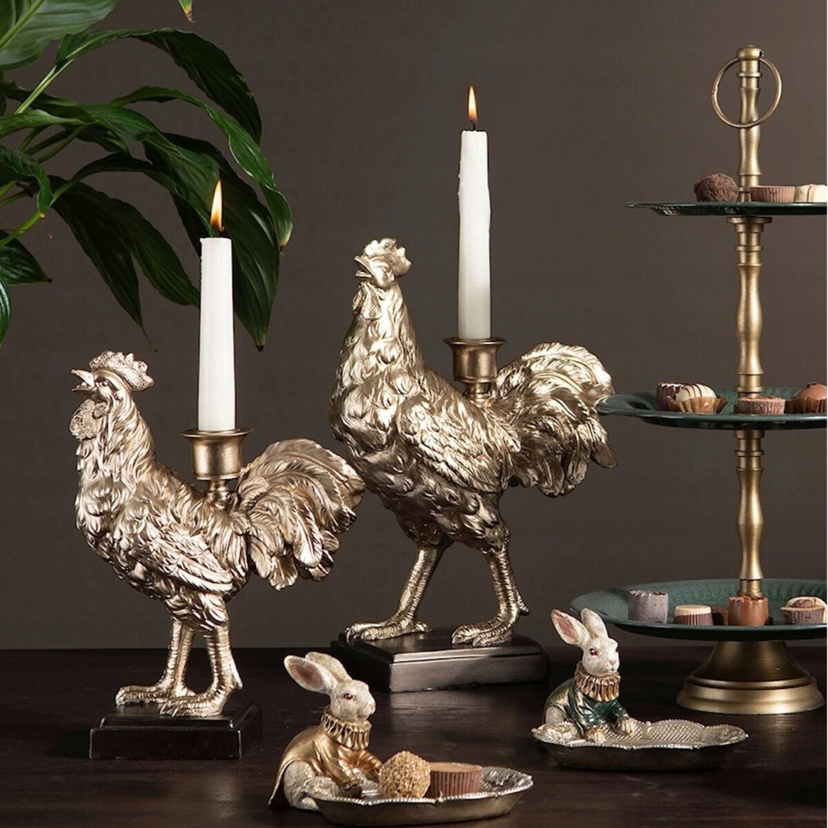 FIGURKA KOGUT ŚWIECZNIK KANDELABR ZŁOTY WIELKANOCNYKURA NA WIELKANOC