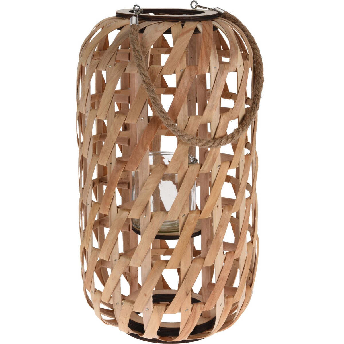 Drewniany lampion, minimalistyczna plecionka i uchwyt ze sznurka