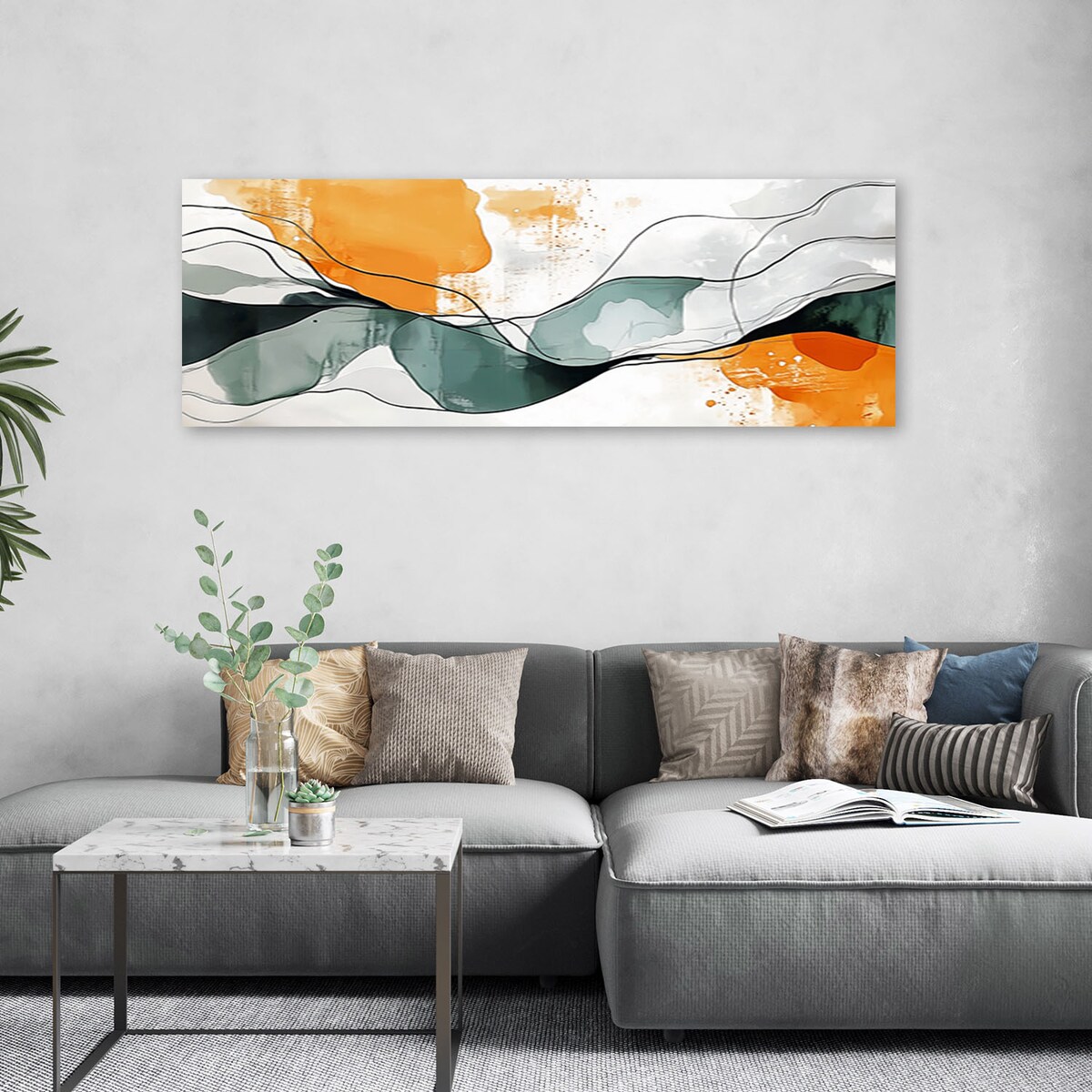 Feeby Obraz na płótnie, Abstrakcja Linie Plamy Pomarańczowy Turkus Minimalizm 90x30