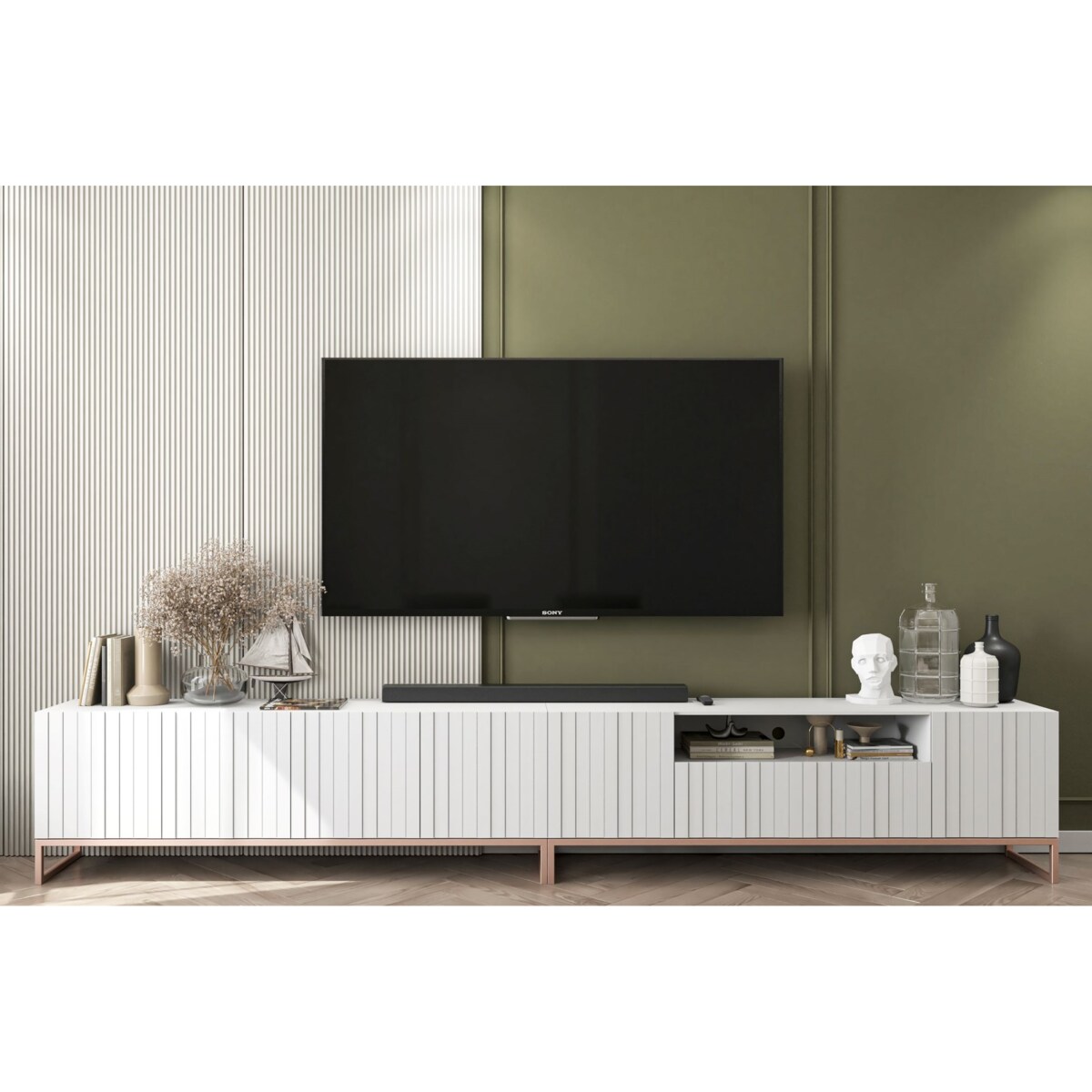 Nowoczesna Szafka RTV Glamour Komoda RTV Ryflowane Fronty Biały Mat 300 cm