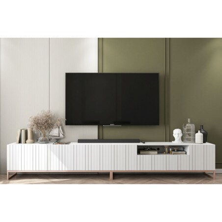 Nowoczesna Szafka RTV Glamour Komoda RTV Ryflowane Fronty Biały Mat 300 cm