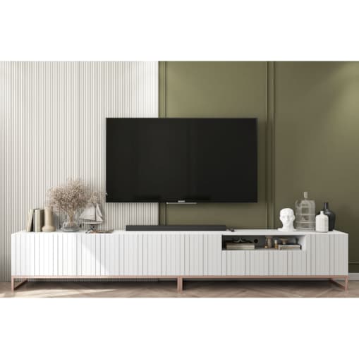 Nowoczesna Szafka RTV Glamour Komoda RTV Ryflowane Fronty Biały Mat 300 cm