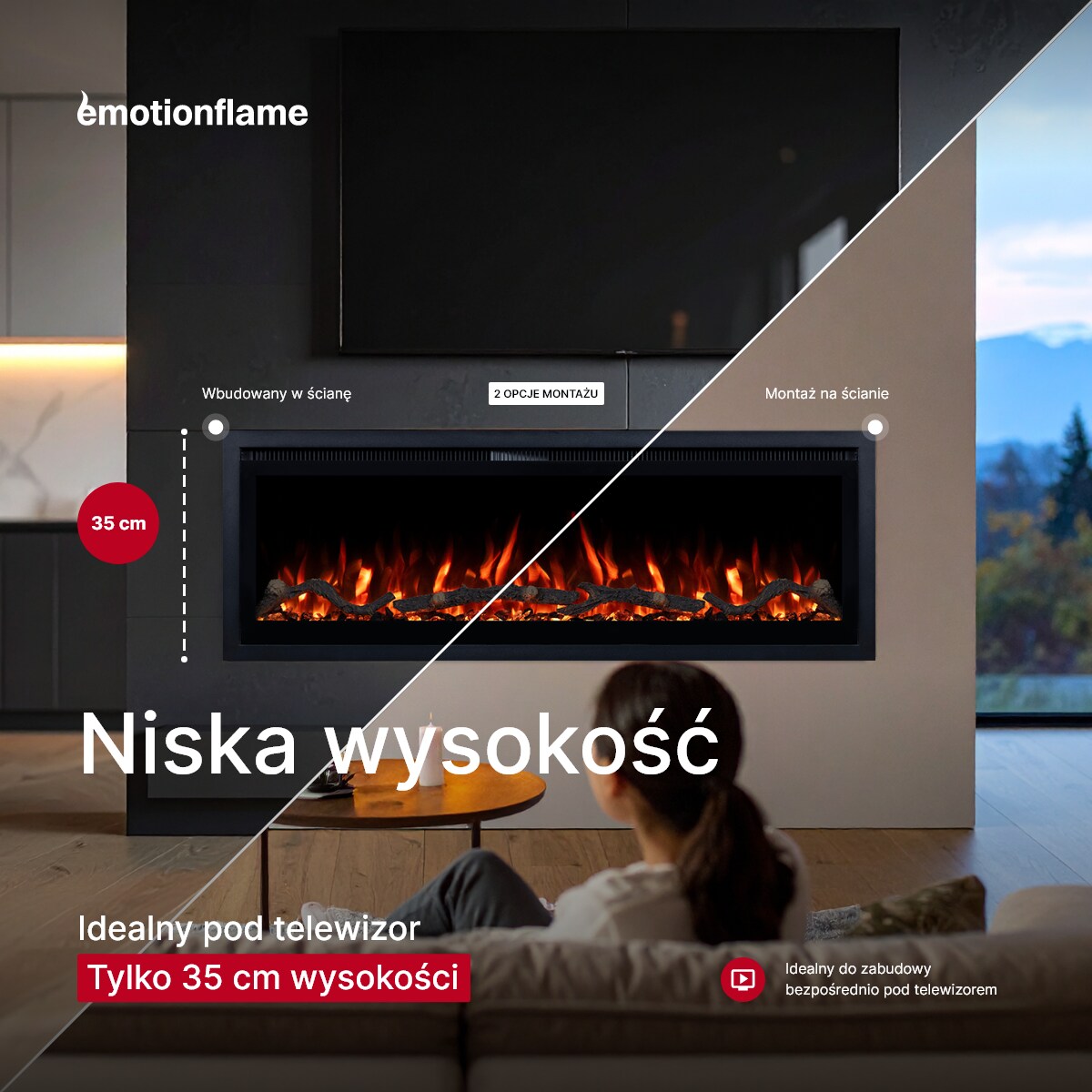 Kominek elektryczny Emotion Flame Regal 106 - ścienny i do zabudowy - 106x35x12 cm - kominek LED z funkcją grzania 900/1800 W