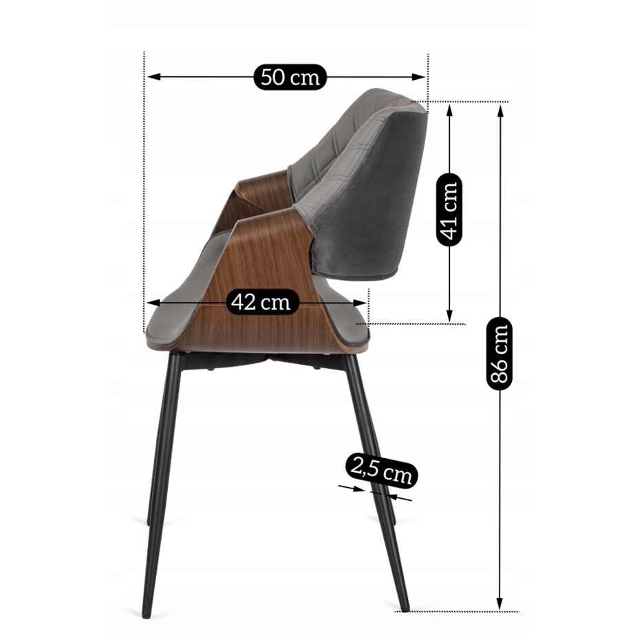 Krzesło Tapicerowane Welurowe Loft DAKOTA Drewno Gięte Szare Do Salonu