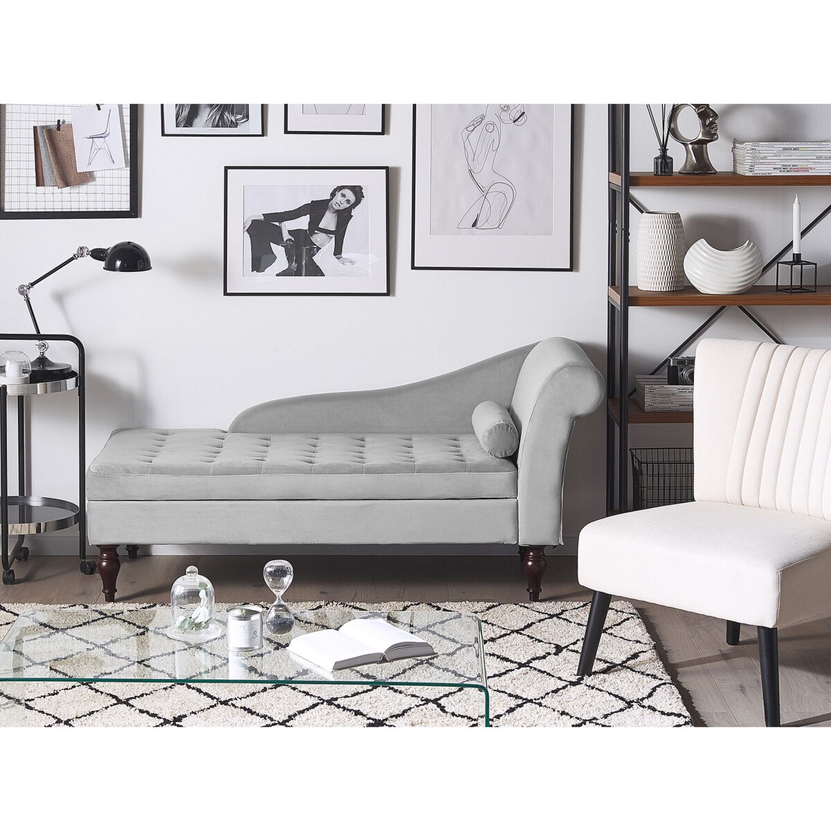 Szezlong welurowy ze schowkiem jasnoszary PESSAC