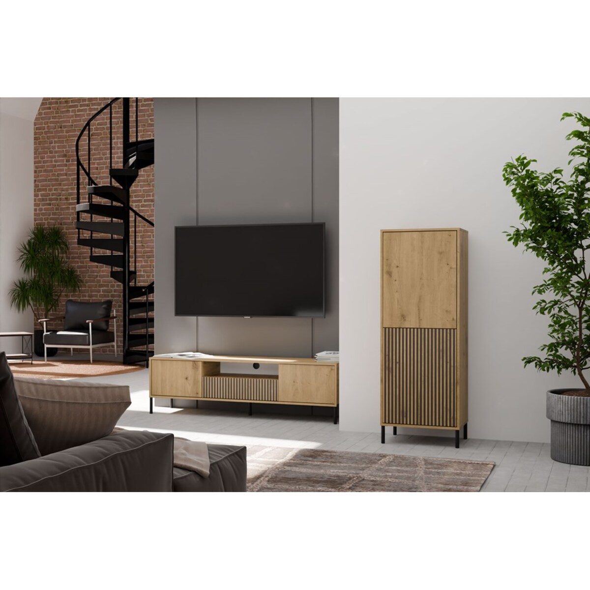 Witryna KAMARO 2DK SLIM/GŁADKI DĄB ARTISAN Lamele Front Ryflowany + Klasyczny