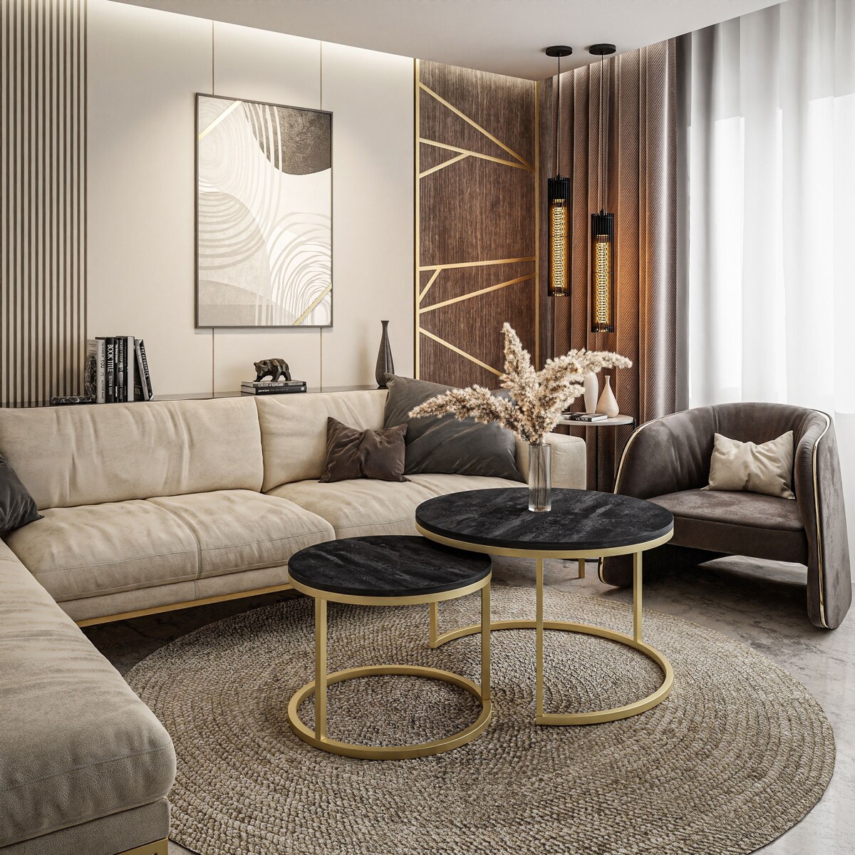 Stolik kawowy CIRI 2w1 złoty mat beton 70/50 cm