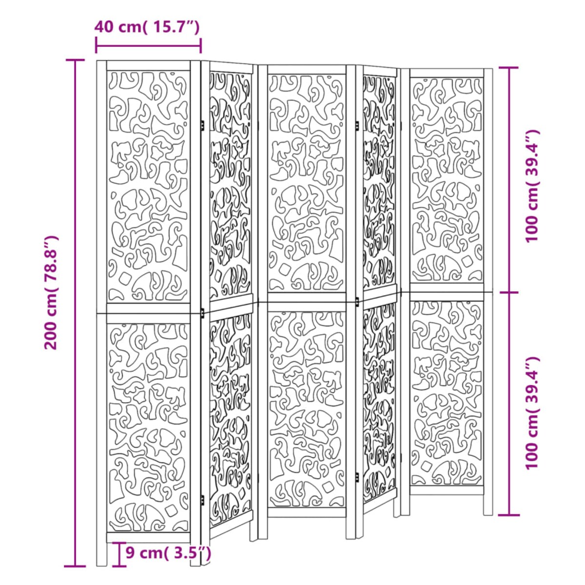 vidaXL Parawan pokojowy, 5-panelowy, czarny, lite drewno paulowni