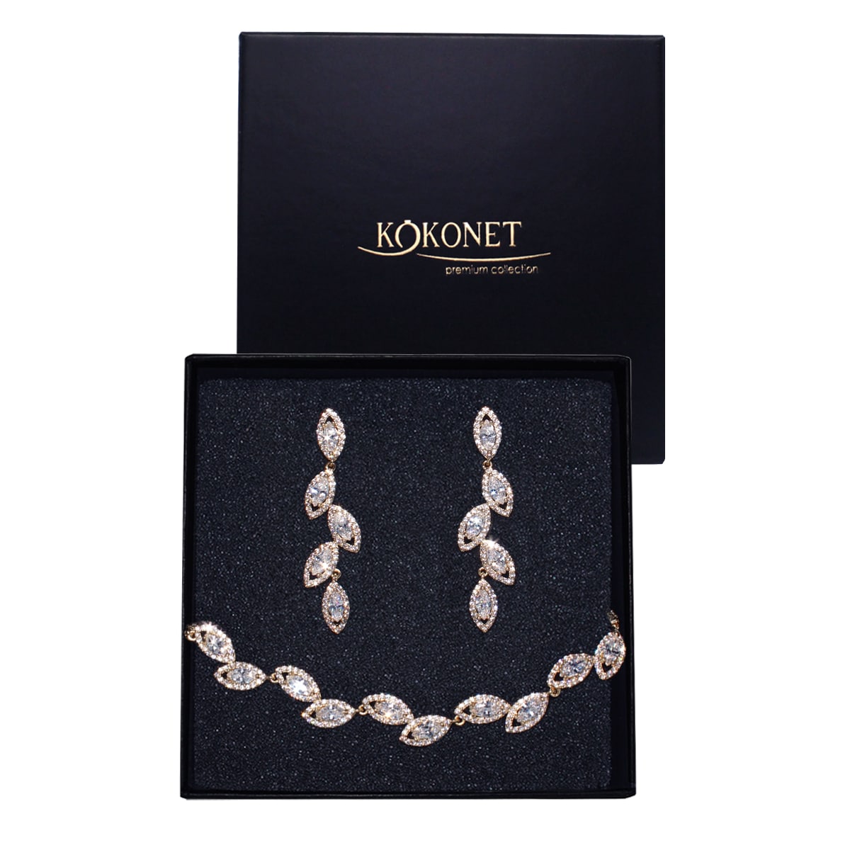 Ślubny komplet biżuterii ZŁOTE kolczyki i bransoletka listki kryształy