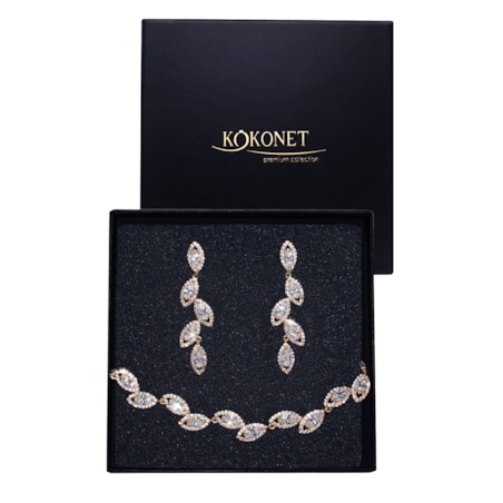 Ślubny komplet biżuterii ZŁOTE kolczyki i bransoletka listki kryształy