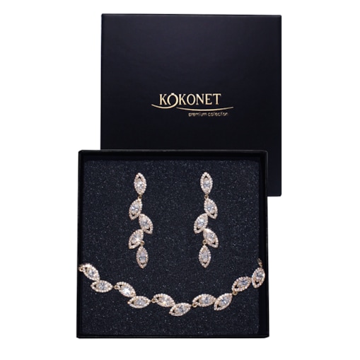 Ślubny komplet biżuterii ZŁOTE kolczyki i bransoletka listki kryształy