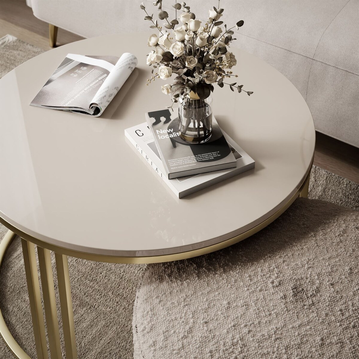 Stolik kawowy z pufą LORI POŁYSK złoto szczotkowane, przezroczysty / Coral 50