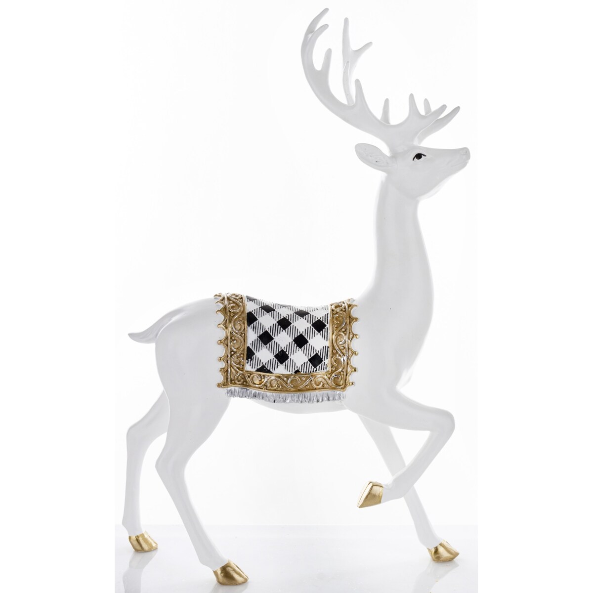 Figurka - spacer białego jelenia 46x28x14 cm BOLLERO-3 z czaprakiem w szachownicę