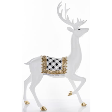 Figurka - spacer białego jelenia 46x28x14 cm BOLLERO-3 z czaprakiem w szachownicę