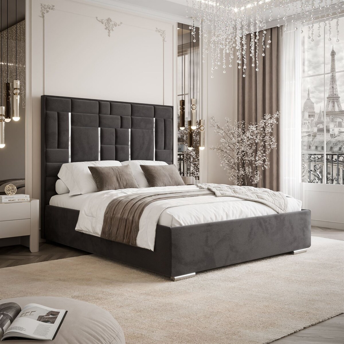 Łóżko tapicerowane BRIGITTE SILVER, pojemnik na pościel, s34, 160x200, Element 01