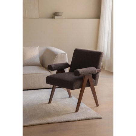 Fotel z podłokietnikami, drewno i tkanina bouclé, Lucca, czekoladowy