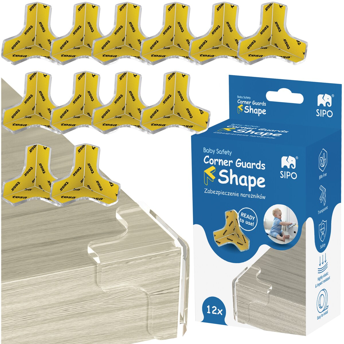 silikonowe narożniki zabezpieczające meble, sipo, zestaw 12 sztuk, transparentne, kształt litery T