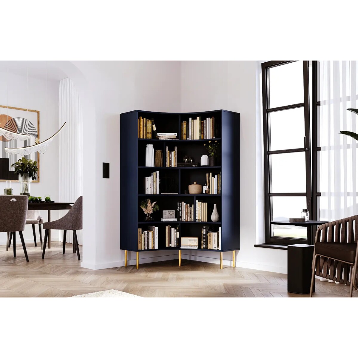 Nowoczesny narożny regał na książki Skandica HORN ze złotymi nogami / granatowy