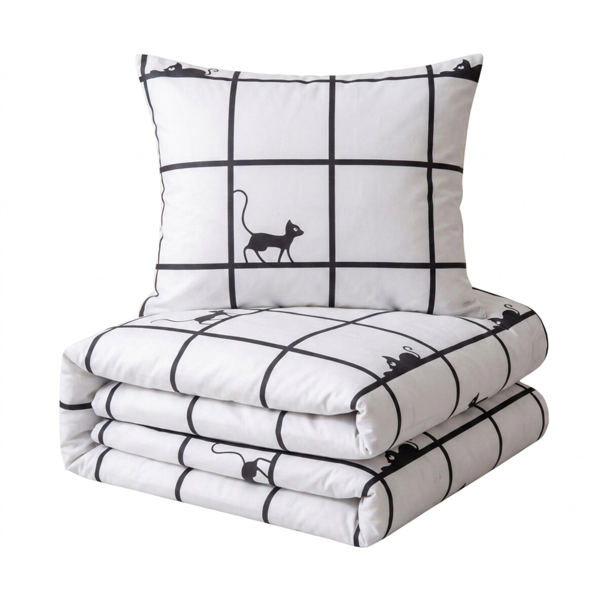 Komplet Pościeli Dwuosobowej Krata Z Kotami 220X200 Z 2 Poszewkami 70X80