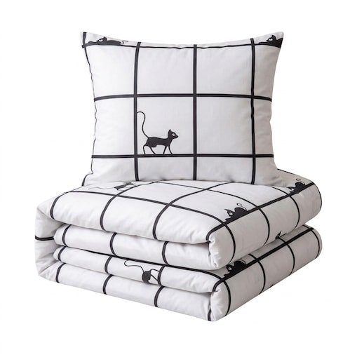 Komplet Pościeli Dwuosobowej Krata Z Kotami 220X200 Z 2 Poszewkami 70X80