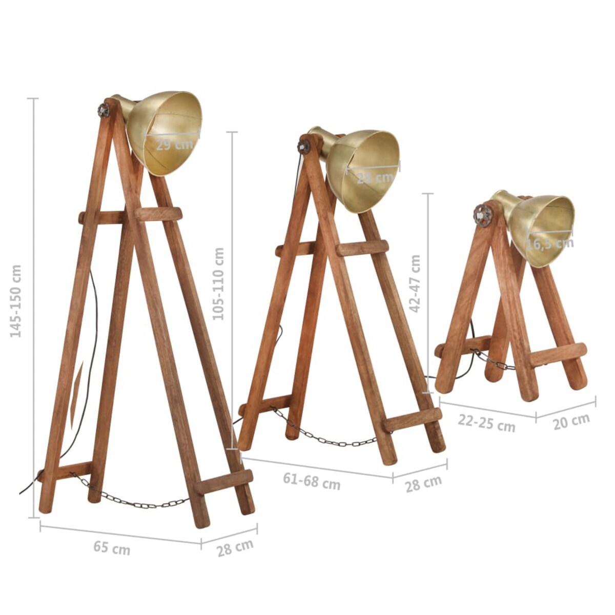 vidaXL Lampy podłogowe, 3 szt., kolor mosiądzu, E27, lite drewno mango