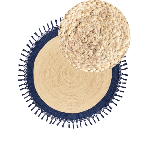 Dywan okrągły z juty 140 cm beżowy z ciemnoniebieskim MARTS