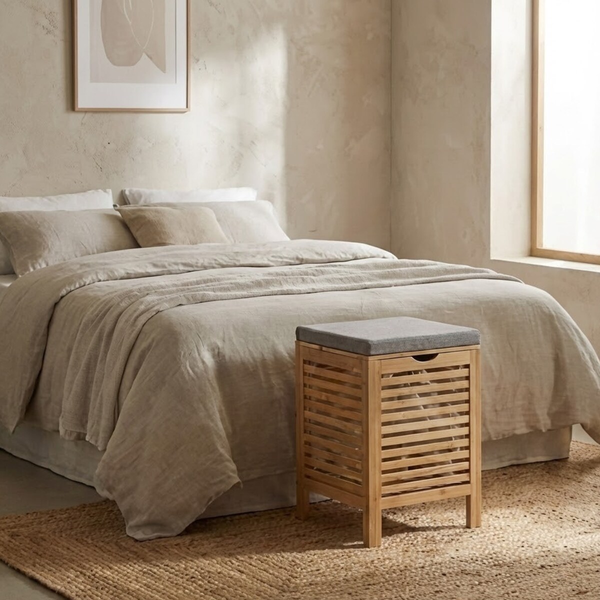 Bambusowy kosz na pranie z siedziskiem DISA, 40 l