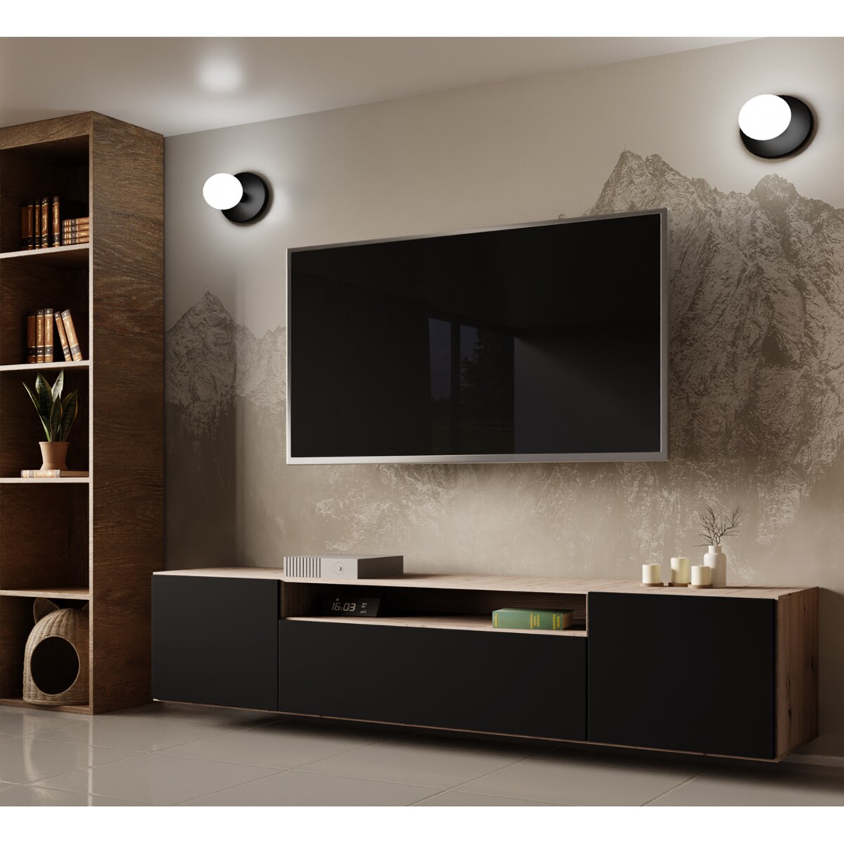 Szafka RTV LION 200 cm wisząca, do pokoju gościnnego- czarny+artisan