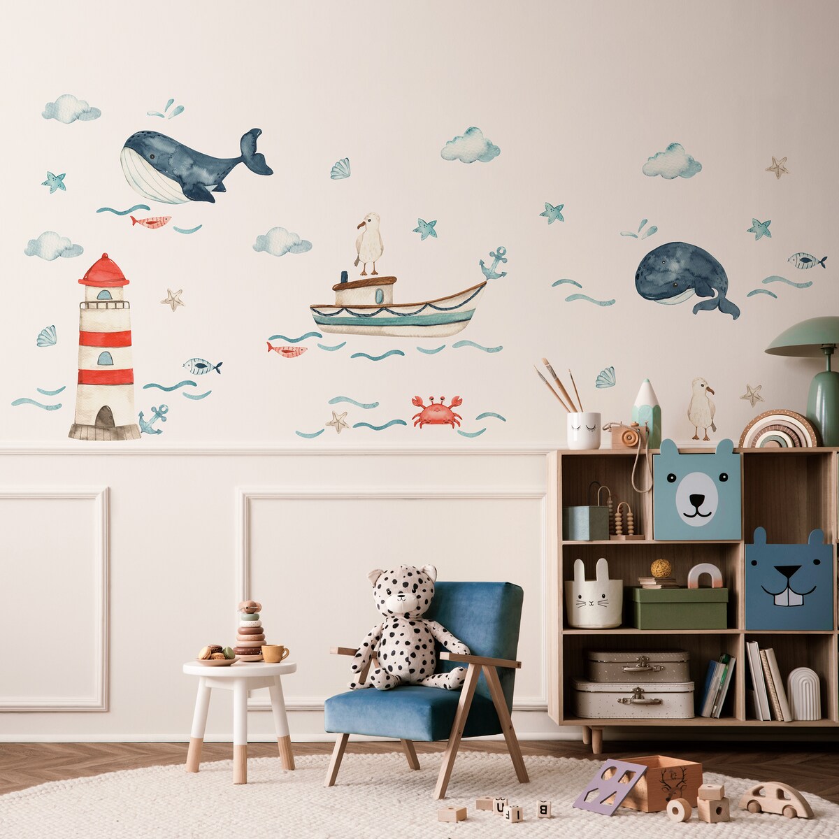 Naklejki Dla Dzieci Wieloryby MORZE Chmurki Ryby Mewy Muszelki ZESTAW 120x60cm