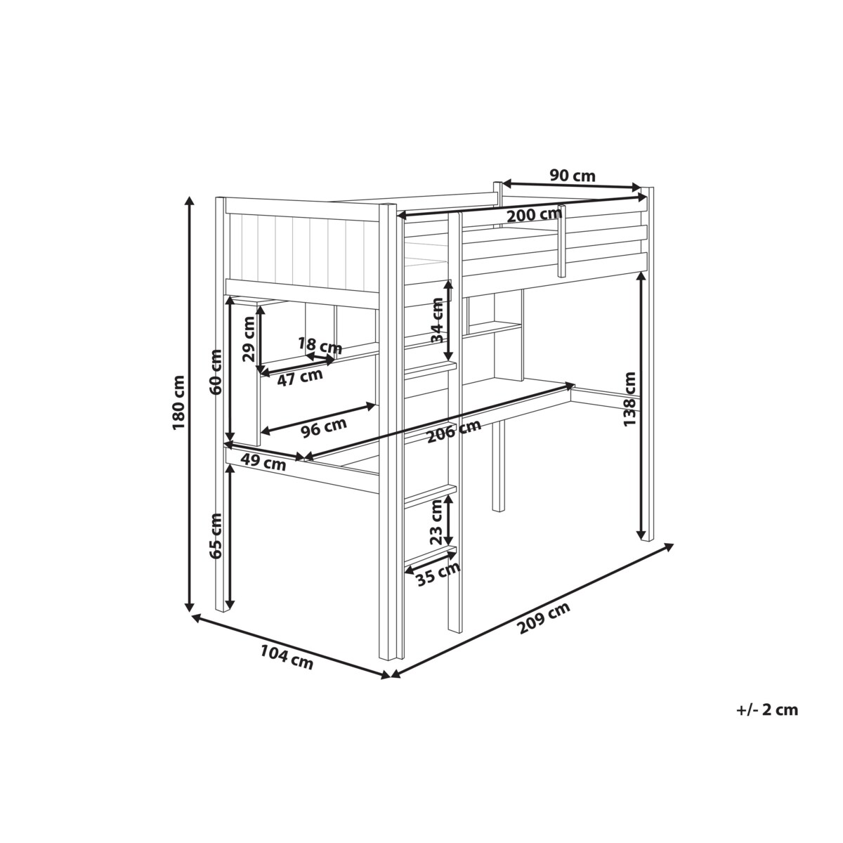 Łóżko na antresoli z biurkiem Drewno sosnowe FOUCAMONT 90 x 200 cm Szary